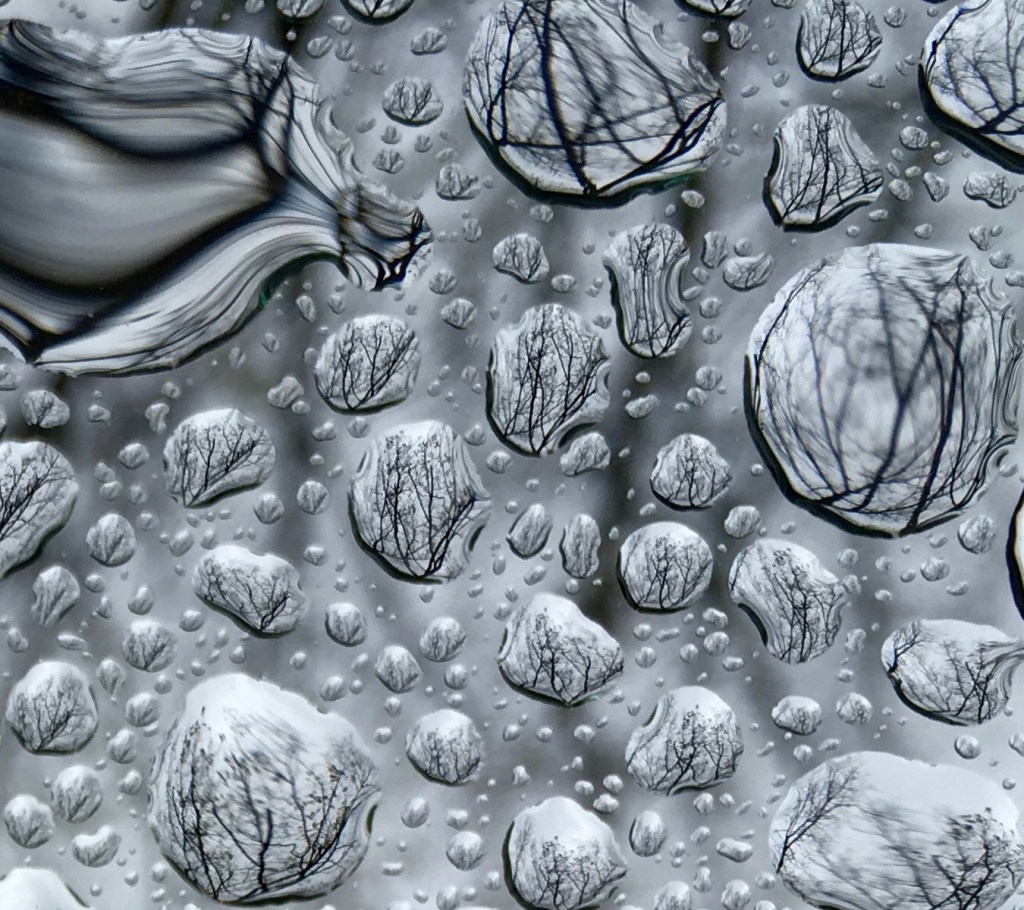 Close-up black and white photo of raindrops on glass, abstract texture with round drops.