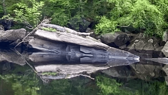 Rocky outcrop perfectly mirrored on the calm water surface.
