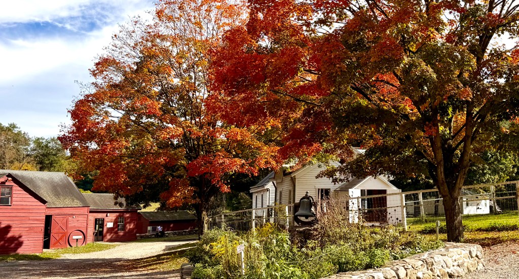 A scenic view of a farm with a red barn and a white house, surrounded by vibrant autumn trees displaying red and orange leaves.